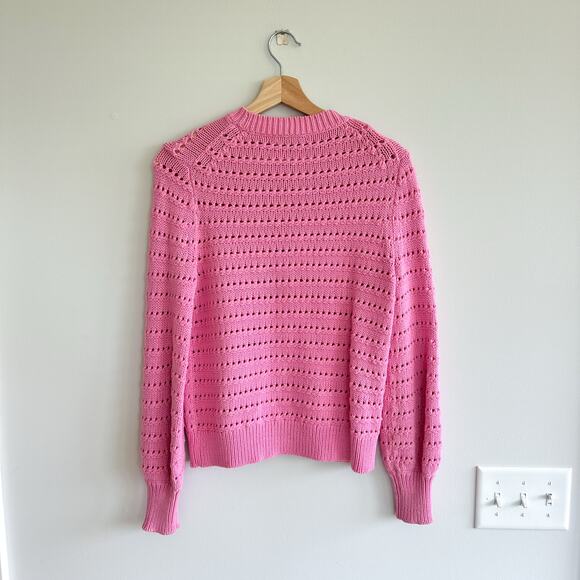 J. Crew Balloon Sleeve Pointelle Crew Neck Cotton Pullover Sweater Pink XS - Picture 2 of 8